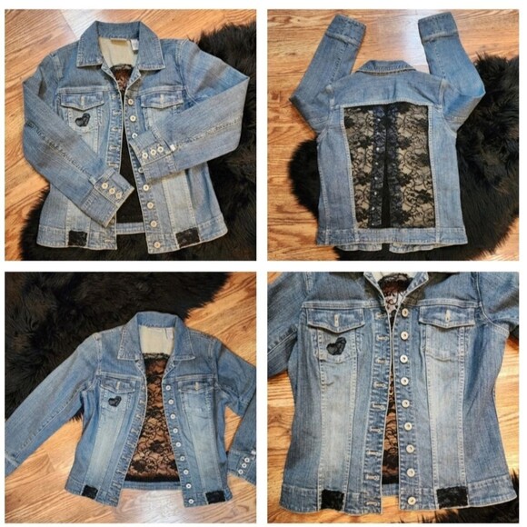 Hand Crafted One of a Kind Upcycled Jean Jacket Chico's Platinum Size 0